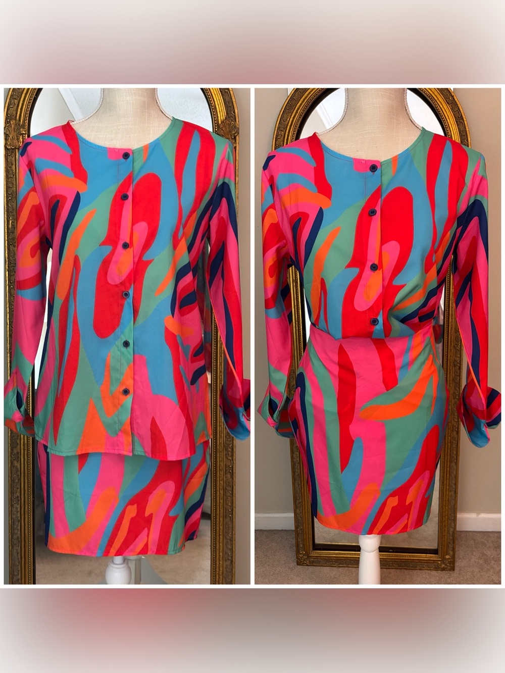 2-piece set - skirt and blouse - vibrant, multi-color - size Small - NWT